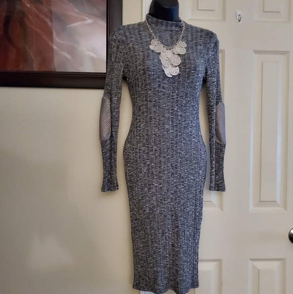 Ribbed Faux Leather Elbow Enhanced Bodycon Sweater Dress, Size Medium - Picture 2 of 6